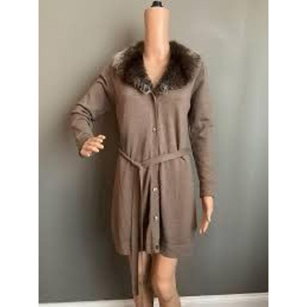 NWT Karen Kane Large Long Button-Up Sweater Cardigan Removable Faux Fur Collar